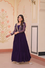 Zari Embroidered Work Purple Color Long Gown