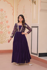 Zari Embroidered Work Purple Color Long Gown