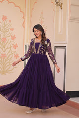 Zari Embroidered Work Purple Color Long Gown