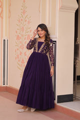 Zari Embroidered Work Purple Color Long Gown