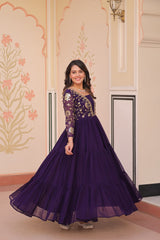 Zari Embroidered Work Purple Color Long Gown