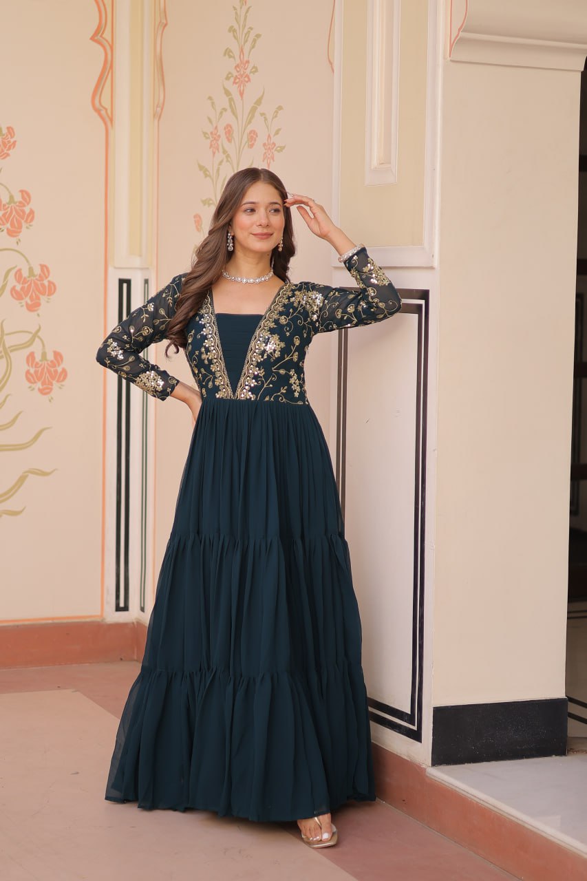 Zari Embroidered Work Rama Color Long Gown