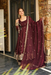 Marvelous Maroon Silk Sequence Work Gown