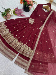 Marvelous Maroon Silk Sequence Work Gown