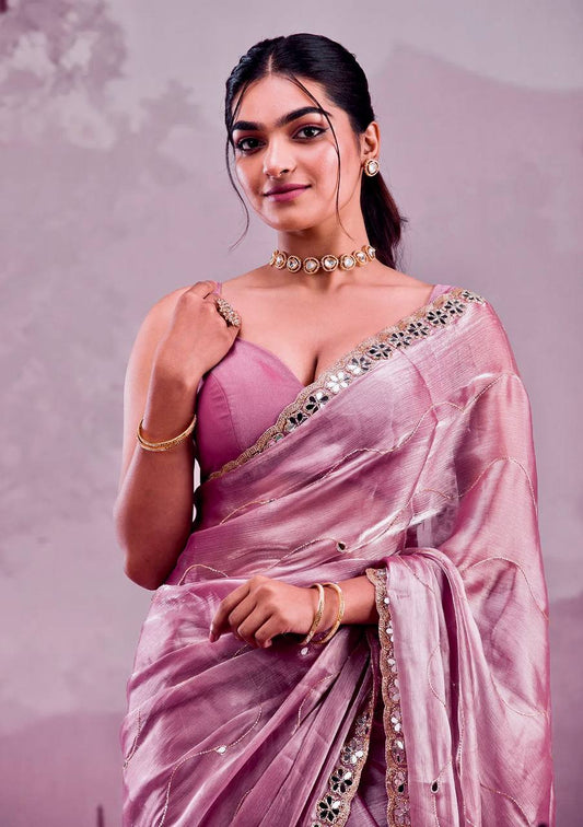 Mirror Work Lavender Color Party Wear Designer Saree