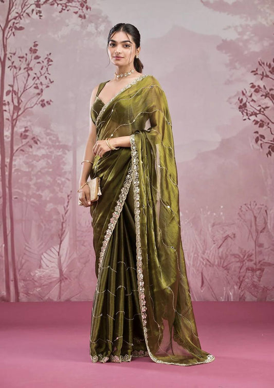 Mirror Work Mehndi Color Party Wear Designer Saree