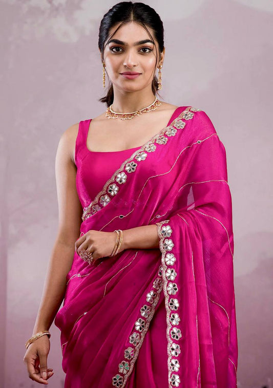 Mirror Work Pink Color Party Wear Designer Saree