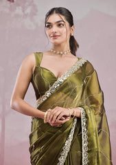 Mirror Work Mehndi Color Party Wear Designer Saree