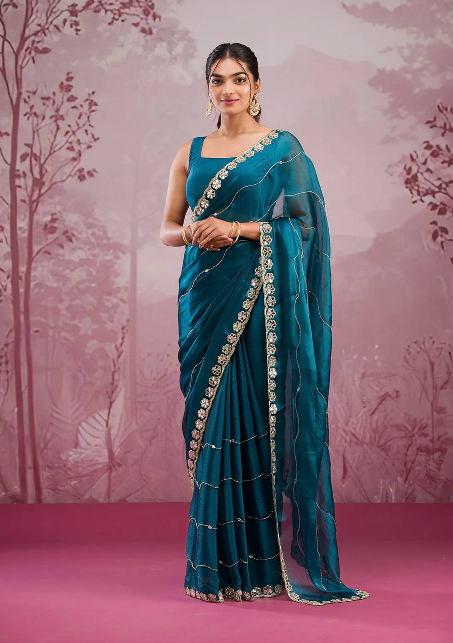 Mirror Work Teal Blue Color Party Wear Designer Saree