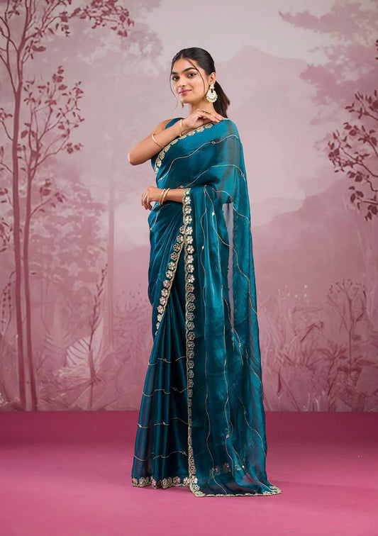 Mirror Work Teal Blue Color Party Wear Designer Saree