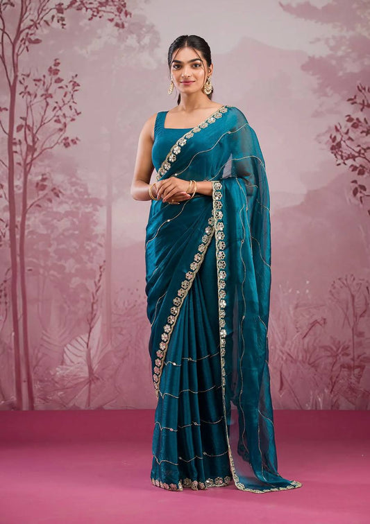 Mirror Work Teal Blue Color Party Wear Designer Saree