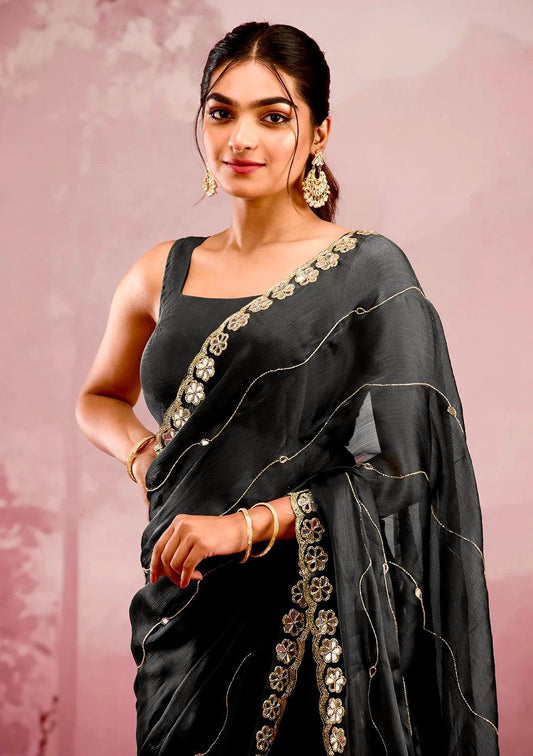 Mirror Work Black Color Party Wear Designer Saree