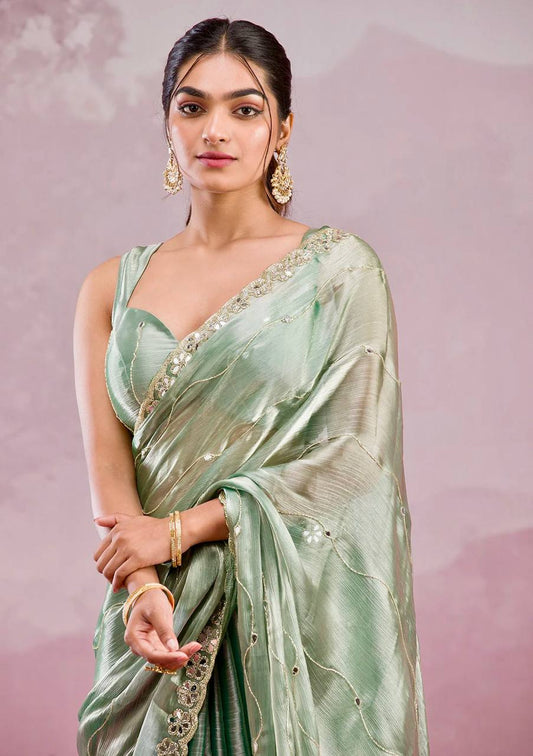 Mirror Work Pista Color Party Wear Designer Saree