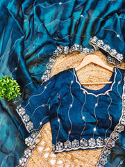 Mirror Work Teal Blue Color Party Wear Designer Saree