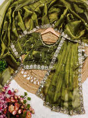 Mirror Work Mehndi Color Party Wear Designer Saree