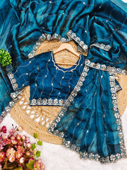 Mirror Work Teal Blue Color Party Wear Designer Saree