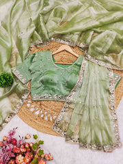 Mirror Work Pista Color Party Wear Designer Saree