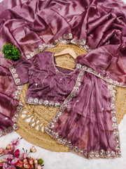 Mirror Work Lavender Color Party Wear Designer Saree