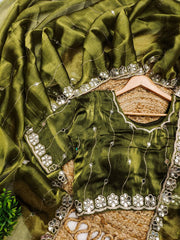 Mirror Work Mehndi Color Party Wear Designer Saree