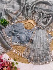 Mirror Work Gray Color Party Wear Designer Saree