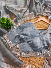 Mirror Work Gray Color Party Wear Designer Saree