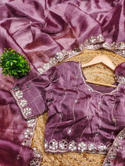 Mirror Work Lavender Color Party Wear Designer Saree