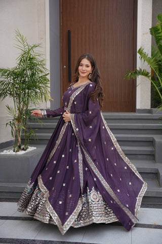 Alluring Purple Diamond Silk Embroidery Work Gown