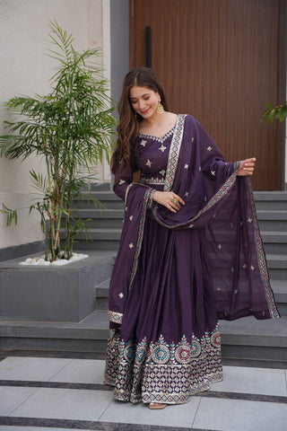 Alluring Purple Diamond Silk Embroidery Work Gown