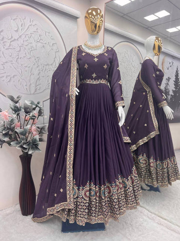 Alluring Purple Diamond Silk Embroidery Work Gown
