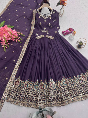Alluring Purple Diamond Silk Embroidery Work Gown