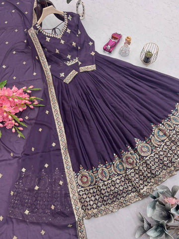 Alluring Purple Diamond Silk Embroidery Work Gown