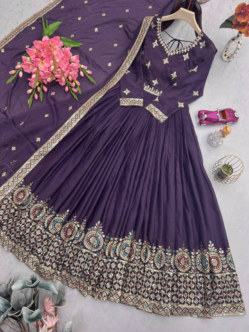Alluring Purple Diamond Silk Embroidery Work Gown