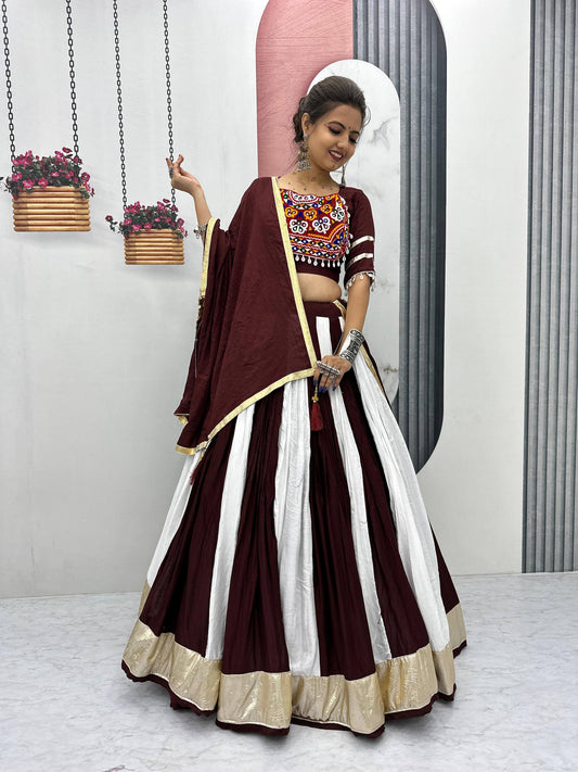 Garba Special Ravishing Brown Cotton Gamthi Work Lehenga Choli