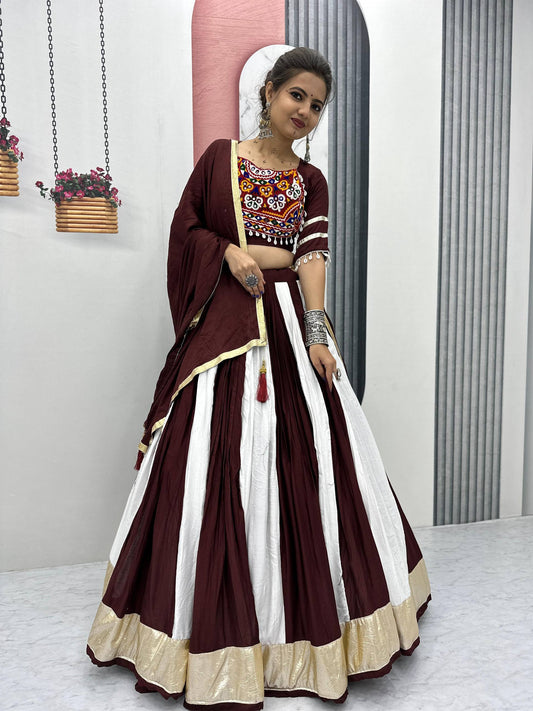 Garba Special Ravishing Brown Cotton Gamthi Work Lehenga Choli
