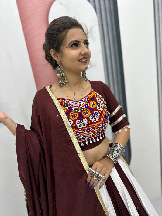 Exclusive Brown Cotton Gamathi Work Lehenga Choli