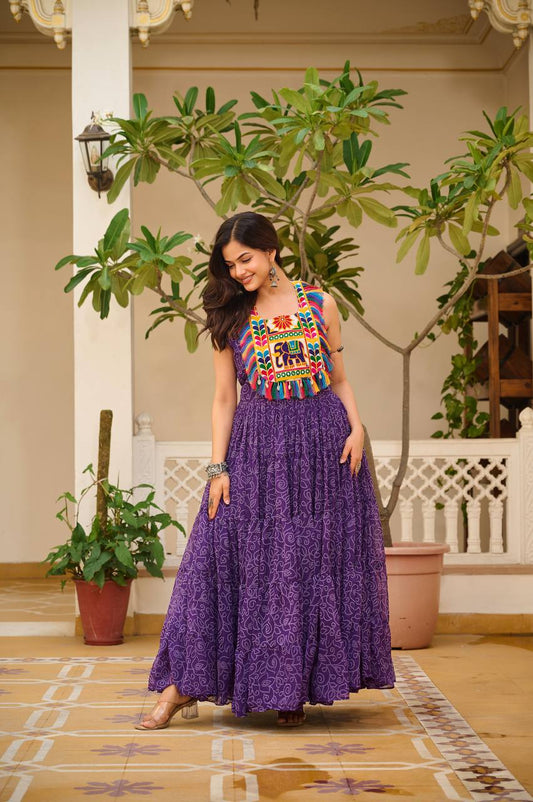 Purple Georgette Bandhni Print Navratri Wear Gown