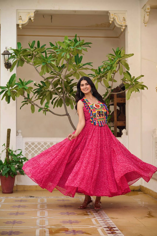 Pink Georgette Bandhni Print Navratri Wear Gown