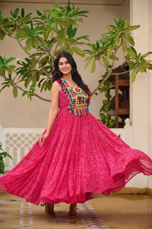 Pink Georgette Bandhni Print Navratri Wear Gown