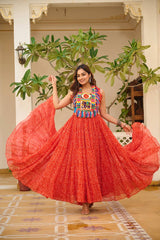 Orange Georgette Bandhni Print Navratri Wear Gown
