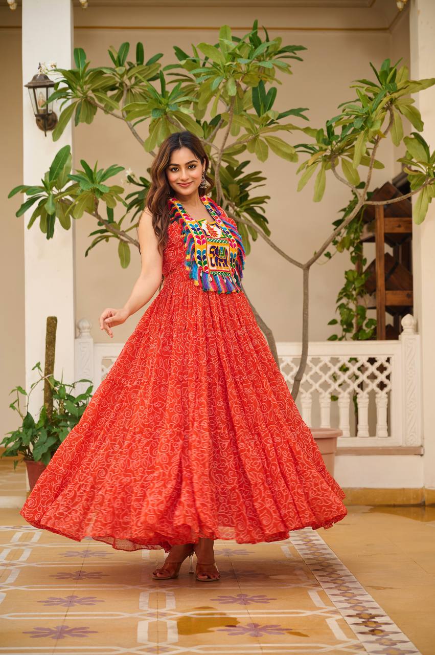Orange Georgette Bandhni Print Navratri Wear Gown