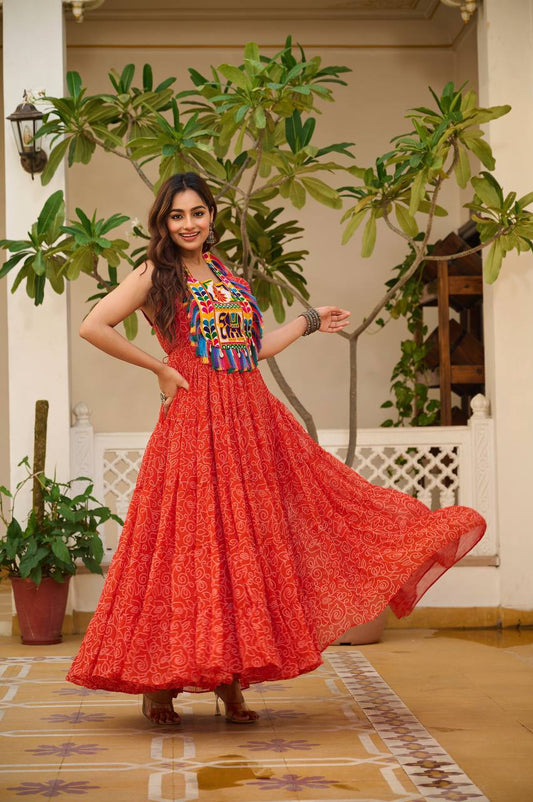 Orange Georgette Bandhni Print Navratri Wear Gown