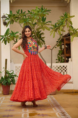 Orange Georgette Bandhni Print Navratri Wear Gown