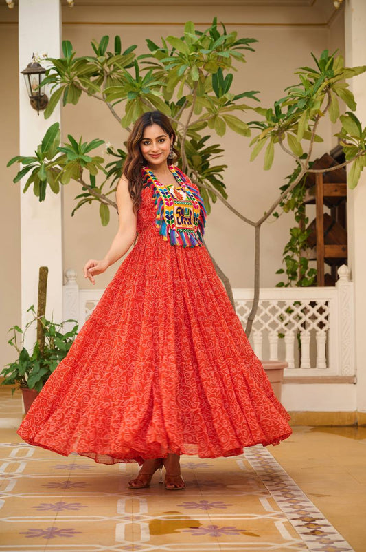Orange Georgette Bandhni Print Navratri Wear Gown