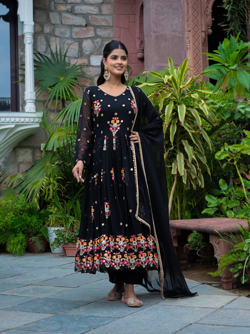 Amazing Multi Thread Work Black Color Gown