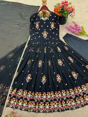 Amazing Multi Thread Work Black Color Gown