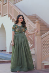 Wonderful Green Color Plain Gown With Work Koti