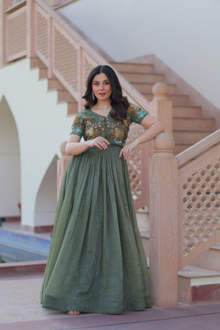 Wonderful Green Color Plain Gown With Work Koti