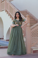 Wonderful Green Color Plain Gown With Work Koti