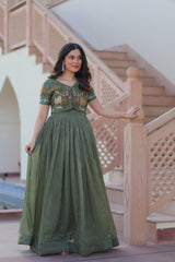 Wonderful Green Color Plain Gown With Work Koti