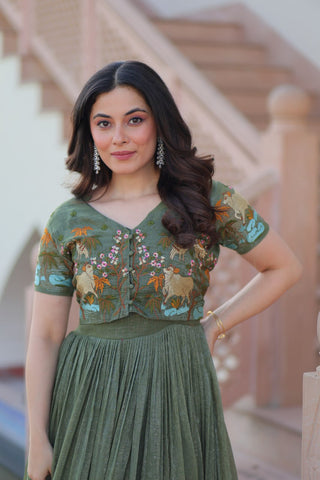 Wonderful Green Color Plain Gown With Work Koti